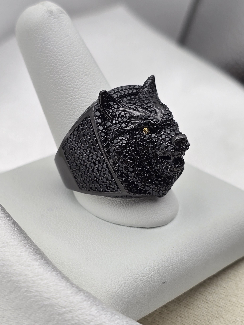 Neve Jewelry Sterling Silver 925 Moissanite Pave Black Wolf Head Luxury Ring - Picture 2 of 9